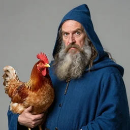 a portrait of a wizard with his pet chicken by Johan Grenier, confused facial expression, blue robe, long beard, ArtStation, realistic, detailed