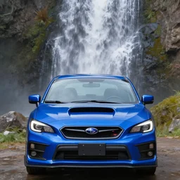 blue subaru wrx infront of a waterfall, photorealistic painting, hyperrealism, 8 k