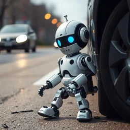 very cute robot gets hit by a car, realistic, hdr, death of robot, 8 k