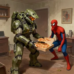 Master Chief from Halo getting a pizza from Spiderman at an old apartment, digital painting