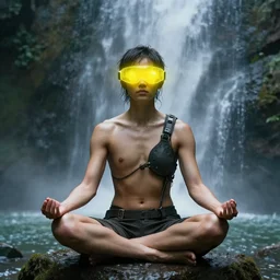 a sage meditates under a waterfall pieces with glowing yelow visor as a realistic scifi cyberpunk, torso, art by james jean and greg rutkowski!!, real body proportions, digital art,, golden ratio, perfect composition, trending on artstation, 8 k