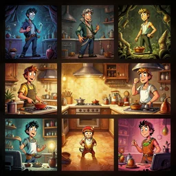 photo cartoon illustration comics manga painting of kitchenenvironement : 6 fantasy environement, digital painting, unreal engine, 8 k, volumetric lighting, contrast by john kirby by carl warner and jim woodring, trending on artstation