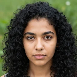 woman with black curly hair covered in mosquitoes