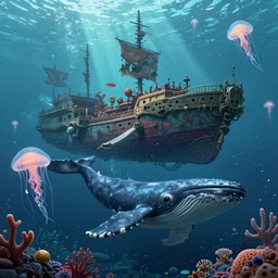 a highly detailed artstation concept art 8 k render of lost city, james paick, greg rutkowski, deep sea, sunken ship, whale, coral, jellyfish, cinematic lighting, peter mohrbacher, game asset, unreal engine, illustration, digital painting, sharp focus,, mythological, ultra realistic