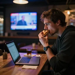 atmospheric cinematic still of a man sitting in a coffee bar eating a pastry while on his laptop, tv with the news on in the background, techno rave lighting