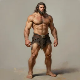 a realistic muscular neanderthal man posing for a photoshoot painting, full body