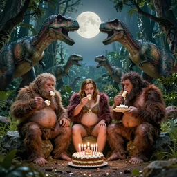 photo, three hairy fat neanderthal people, emma!! watson!!, eating outside, surrounded by dinosaurs!, gigantic forest trees, sitting on rocks, bright moon, birthday cake on the ground, front view