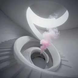 spiral lines, minimalistic, extreme wide angle, curved perspective, digital art, subsurface scattering, indoor casino staircase, by anton fadeev, lorax movie, cotton candy smoke, artstation