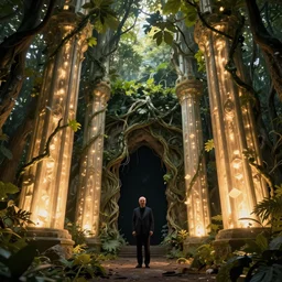 giant pillars emitting light, ((((((((((((((((((an overgrown forest, vine-covered cave entrance in shadow)))))))))))), warm light dappled through the leaves)))))), Wadim Kashin, in Peter Elson color scheme, featured in artstation, octane render, cinematic, elegant, intricate, 8k