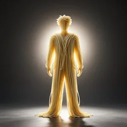 full length photograph noodles in the shape of a man, backlit, high contrast, centered, where's wally