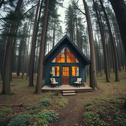 ultra wide angle photograph of cozy hygge tiny house in idyllic cozy forest, beautiful elegant architecture