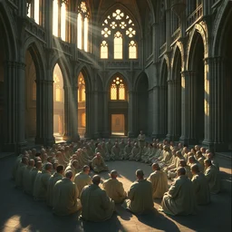 crowd of monks sitting in circular formation in giant gothic ruins with stunning evening dusk sunlight dappled light and god rays, old dutch era master painting by hsiao - ron cheng, miho hirano, john singer sargent