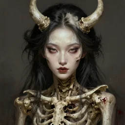 gorgeous asian demoness of skull, portrait, bones, skull, dirt, blood, elegant, highly detailed digital painting, by artgerm, sean yoro, wlop, chie yoshii and rembrandt