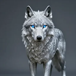 portrait photography of a silver wolf sculpture with glowing blue eyes