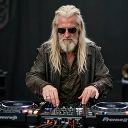 Legolas with sunglasses DJing with DJ turntables, photoreal