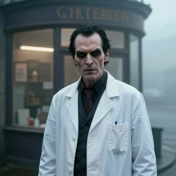 a realistic cinematic headshot portrait of an evil scientist, stood outside a corner shop, foggy, detailed, depth of field, movie still, dramatic lighting, by krenz cushart and annie leibovitz