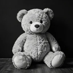 Black and white photograph of a teddy bear sitting alone in a dark room, trending on ArtStation