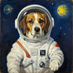 a beautiful painting, dog in a space suite, by vladimir mayakovsky, by alexander rodchenko long shot
