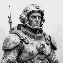 black and white Roman Sustov style drawing of detailed brutal pilot with detailed face and wearing detailed retrofuturistic costume designed by Roman Sustov and wearing detailed retrofuturistic sci-fi Neural interface designed by Roman Sustov. Vibrant volumetric natural light In style of Roman Sustov. Rendered in blender and Octane render