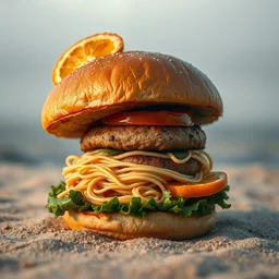 photo of fish head burger with spaghetti patty and orange slices, food pic, rotten, cinematic, beach, sand, misty, nature, studio lighting, by peter mohrbacher, james jean, james gilleard, greg rutkowski, vincent di fate, rule of thirds, octane render, beautiful
