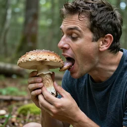 A masterpiece photo of a man excited over a mushroom an licking it, photorealistic