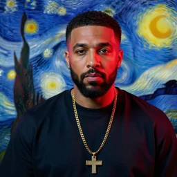ultra detailed portrait photo of dj khaled in a studio, blue, under red and yellow cinematic lighting, by van gogh, cartoon