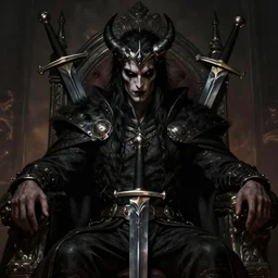 Portrait Lord from hell on the throne, black eyes, swords, evil face, league of legends wallpapers, piotr jablonski, greg rutkowski