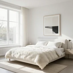 Bedroom with Minimalistic Art on the walls, white furtniture, big windows with sunlight coming in