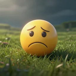 a drawing of a lonely frowning emoji on grass field, photograph, realistic, bokeh, high - resolution, cinematic