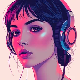 a closeup of a female face with headphones in retro colors, synthwave style, 2 d digital vector art