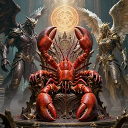 eyeless watcher, sigil of the empty throne, taunting arbormage, lobster suit, prime lobster, erebos's titan, temple altisaur, serra angel, by antoine wiertz and noah bradley, visually stunning, cinematic, ultra realistic, hyper realism, 1 2 k, epic, octane render, unreal engine, vfx, maya