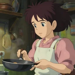 a brunnete girl with blue eyes and puffy cooking breakfast in her messy house, holding a pan, close up shot from the side, anime art, Greg Rutkowski, studio ghibli, dramatic lighting