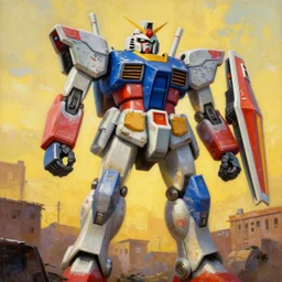 colourful - damaged - giant mecha ROBOT of AJEGUNLE SLUMS in Lagos, markings on robot, Golden Hour, painting by Hsiao-Ron Cheng,