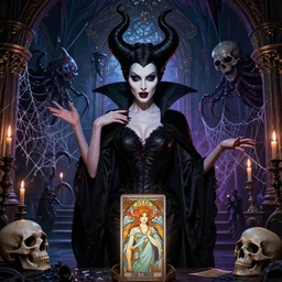 closeup portrait succubus gothic disney varga elvira maleficent medusa standing in a ornate haunted mansion during a seance, cthulhu, kraken, skulls, spider webs, glamour pose, moebius, alphonse mucha, volumetric lighting, patrick nagel, tarot card, d & d, new art nouveau, greg rutkowski,