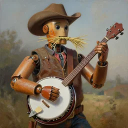 painting of a country bumpkin robot playing a banjo, straw in his mouth, style of howard david johnson, high detail, hyper realistic, 8 k