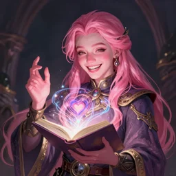 character concept portrait of an attractive young laughing Spanish wizard with pink skin conjuring a love spell, a floating iridescent spell book in the center, intricate, elegant, digital painting, concept art, smooth, sharp focus, illustration, from Metal Gear, by Ruan Jia and Mandy Jurgens and William-Adolphe Bouguereau, Artgerm