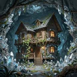 in the underground crystal mine, there is a wooden house villa wrapped by vines. the walls of the villa are inserted with many cold crystals, and the atmosphere is very strong,, trending on artstation, illustrated by greg rutkowskia, 4 k digital art, intricately detailed