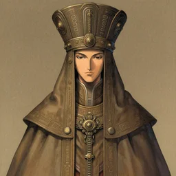 a portrait of a scifi technopriest, long robes, elaborate headdress, matte illustration by yoshitaka amano, cover art