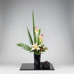 a photo of 8k Ikebana in flower vase, ultra wide angle, sony a7r3, ultra detail, photorealistic, in simple background