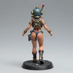 80mm resin detailed miniature of a Diver woman, steampunk diving helmet, stomach, navel, belly,  boots, symbol, textured base; Miniature Product Photos, 4K, view from behind