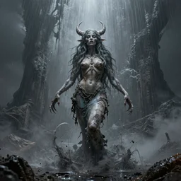 disfigured!! lilith the mother of all monsters siren!, raining ash, fine art masterpiece, highly detailed dino valls wayne barlowe machiej kuciara, dramatic lighting, long shot, wide angle, uhd 8 k, sharp focus