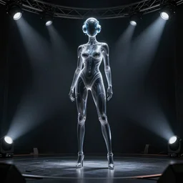 digital concept art by artgerm and moebius. just one lonely namilia attctive showgirl!! full body!! future head set. contour light effect!! 8 k, black tape project show. stage light. octane render. sharp edge. ultra clear detailed