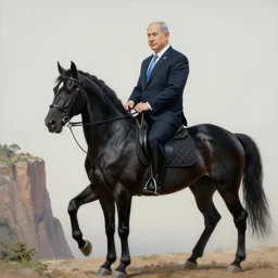 insanely detailed painting of benjamin netanyahu in riding a horse, near cliff, wearing large black hat, castle in background, moon in background, black yellow white color palette, by yoshitaka amano