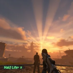 a Half life 2 level from the 2004 PC game Half life, gameplay screenshot, stunning volumetric light, sunset, stunning skies, majestic landscape, trending on Artstation, 8k, photorealistic, detailed, unreal engine 5, IMAX quality, cinematic, epic lighting, in the style of Viktor Antonov