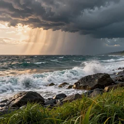 storm at sea, waves hitting the shore and rocks, detailed, concept art, high detail, warm lighting, volumetric, godrays, vivid, beautiful, trending on artstation, by jordan grimmer, huge scene, grass, art greg rutkowski