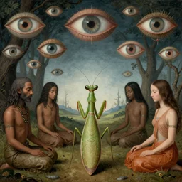 heitsi eibib the ancient bushman praying mantis headed god meditates among mysterious eyes. a surrealist interior mental landscape by hieronymus bosch, cyril rolando, esher and natalie shau, whimsical, profound, impossible. trending on devaintart.