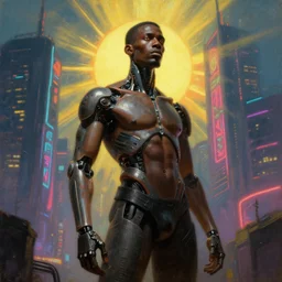 black male cyborg body modifications hd albert bierstadt painting low perspective! cyberpunk city neon sun rays
