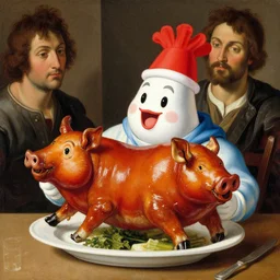 a painting of the jolibee fast food mascot eating lechon, by botticelli and rubens