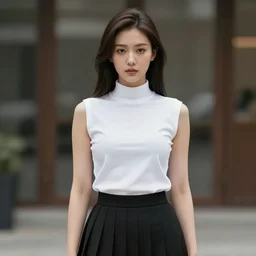 Woman in White Sleeveless turtleneck t-shirt and black pleated skirt. Highly detailed, 50mm, cinematic. By Leng Jun