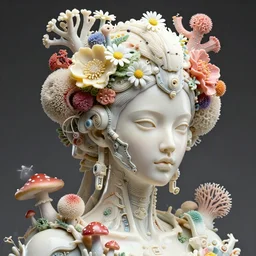 hyper detailed ultra sharp portrait of a beautiful porcelain ivory woman, up close shot, sharp focus, global illumination, biomechanical headdress made of flowers, cyberpunk ceramic brackets, sponge corals, daisies, colorful mushrooms, puffballs, white red rhizomorphs, alexandre ferra white mecha, irakli nadar, octane highly render, 4 k, ultra hd,